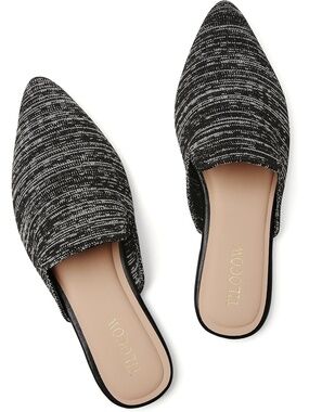 🆕 Women Black Pointed Toe Flat Mules Tweed Knit Slip On Loafers Backless Shoes